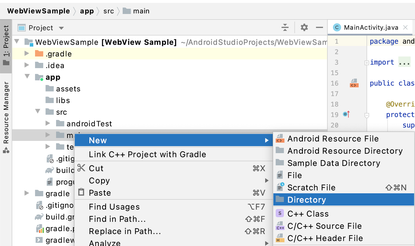 显示 Android Studio create-directory 菜单的图片