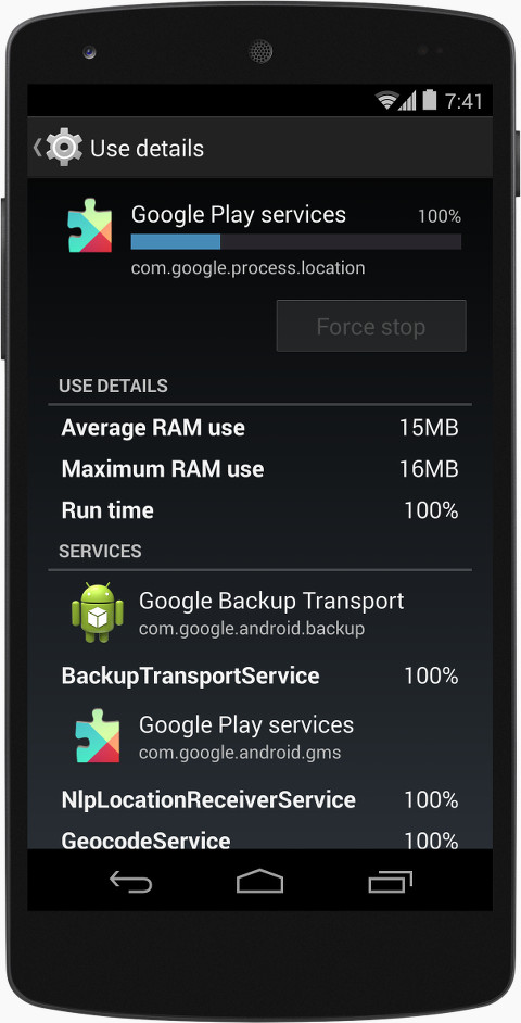 新しい [Process Stats]（プロセスの統計情報）オプション内に使用状況の詳細を示すモバイル