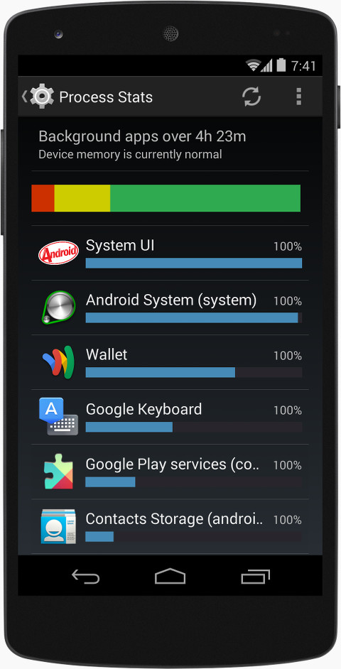 Mobile affichant la nouvelle option &quot;Statistiques des processus&quot;