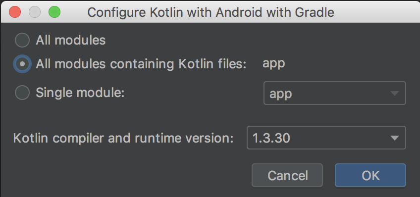 выберите настройку Kotlin для всех модулей, содержащих код Kotlin