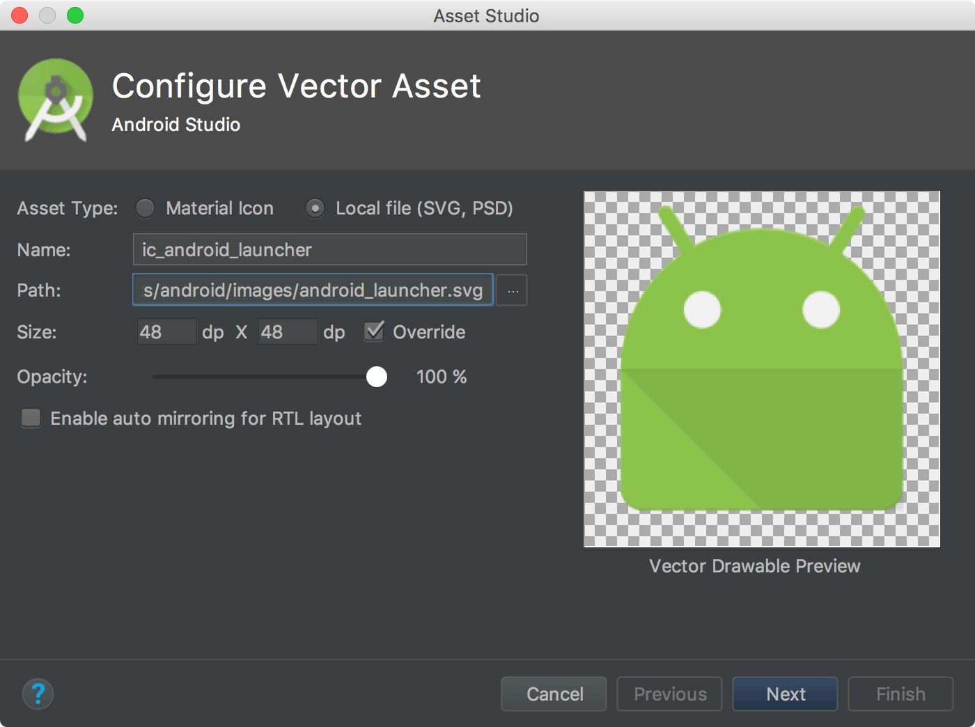 An image showing how to import SVGs in Android Studio
