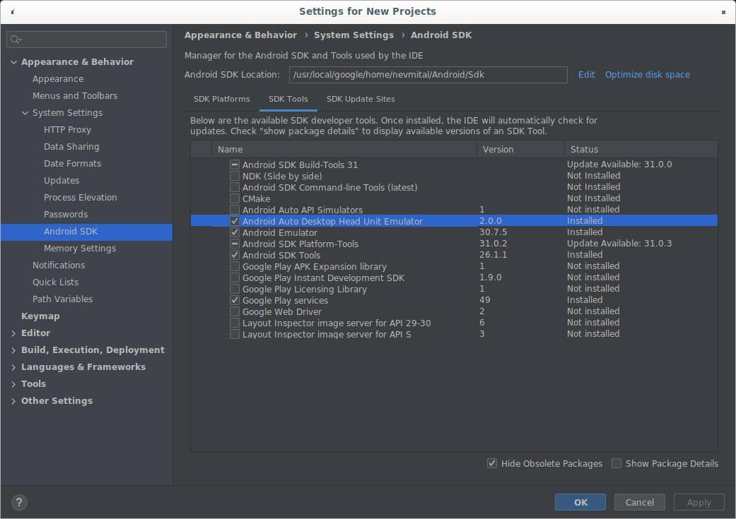 The SDK Manager showing the DHU 2.0