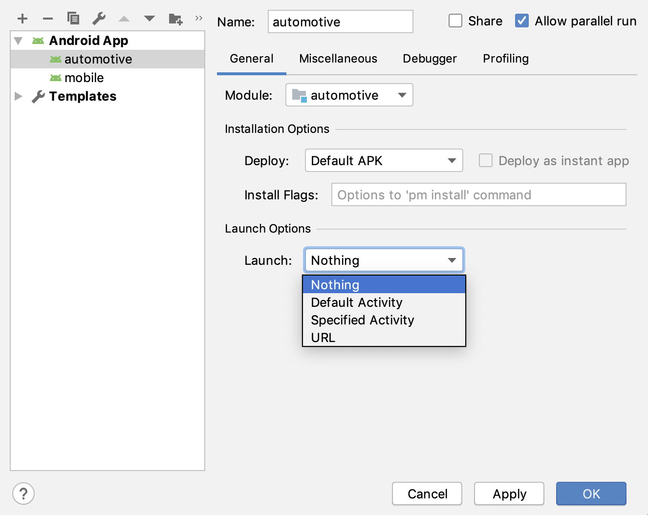 La finestra di dialogo Configurazioni di esecuzione/debug.