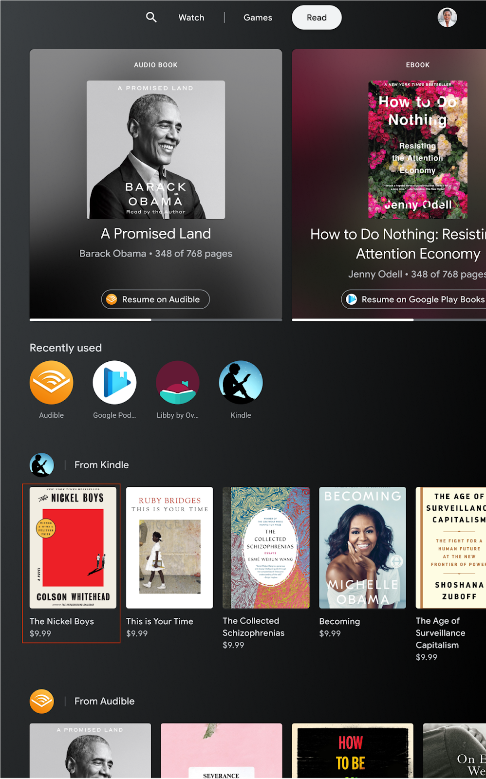 entertainment space ui showing a highlighted book item
            within a cluster