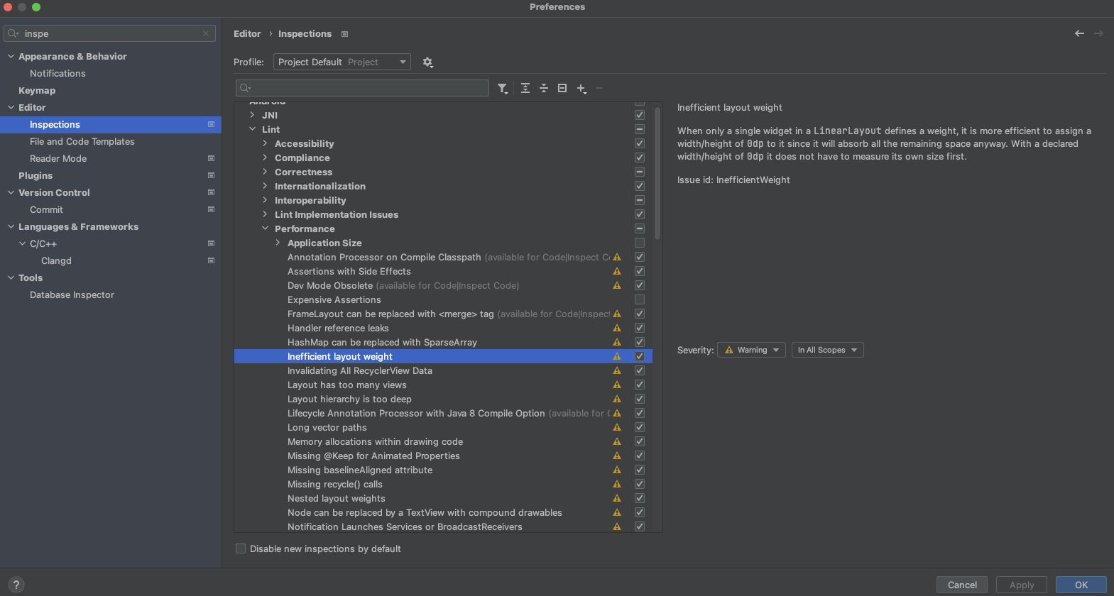 Un&#39;immagine che mostra il menu Ispezioni di Android Studio