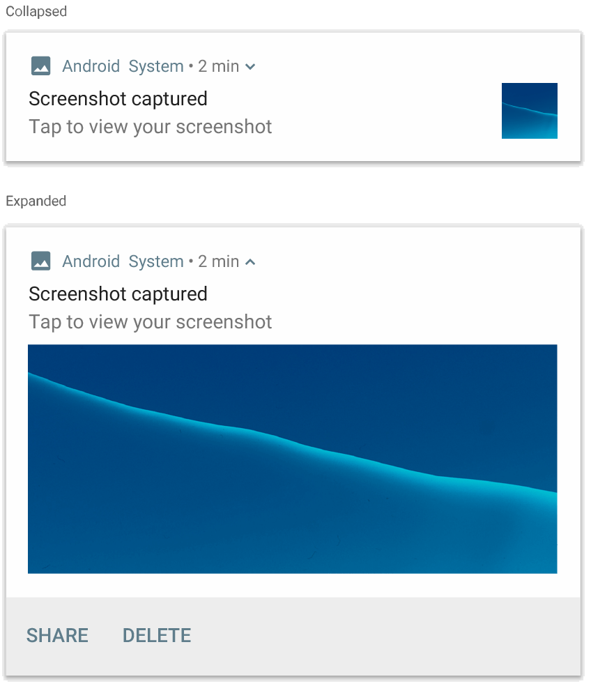 Hình ảnh cho thấy một thông báo thu gọn và một thông báo mở rộng chứa hình ảnh màu xanh dương