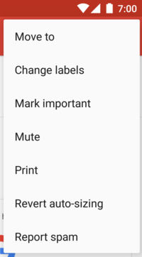 Gmail ऐप्लिकेशन में एक पॉप-अप मेन्यू दिखाने वाली इमेज. यह मेन्यू, सबसे ऊपर दाईं ओर मौजूद ओवरफ़्लो बटन से ऐंकर किया गया है.