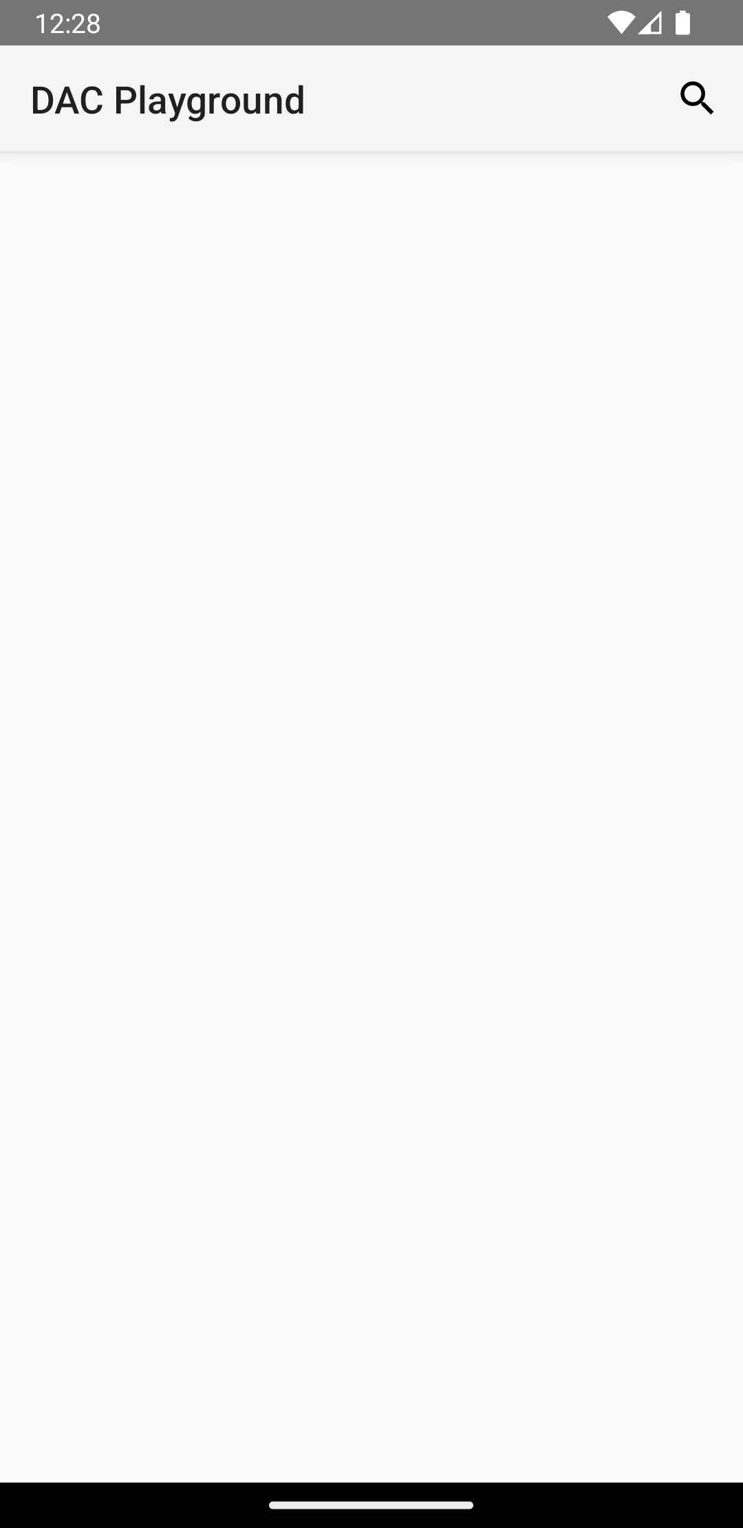 An image showing an empty screen with a search icon in the app top bar