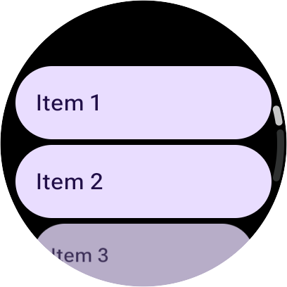Uma TransformingLazyColumn com layout normal, mostrando o item 1 na parte superior e os itens em ordem crescente.