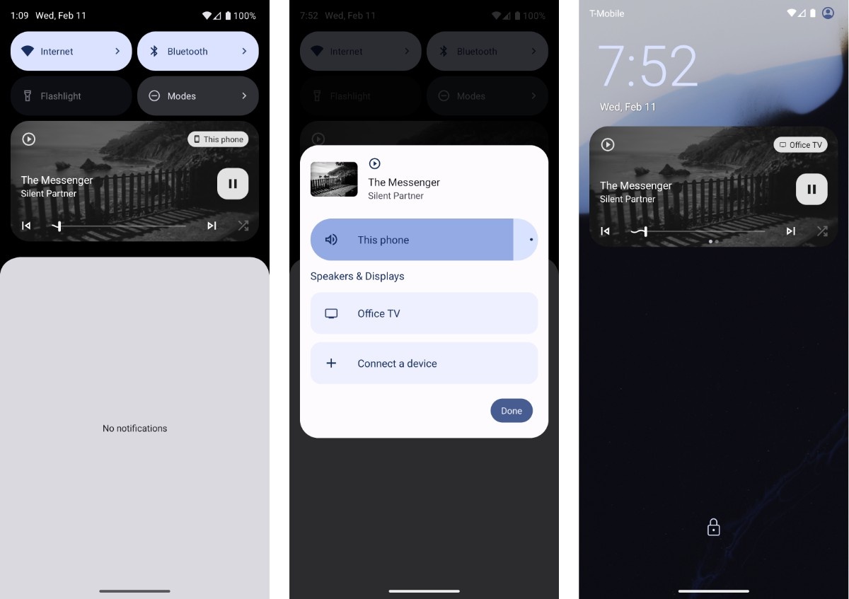 ภาพหน้าจอแสดง UI ตัวสลับเอาต์พุตในการแจ้งเตือน