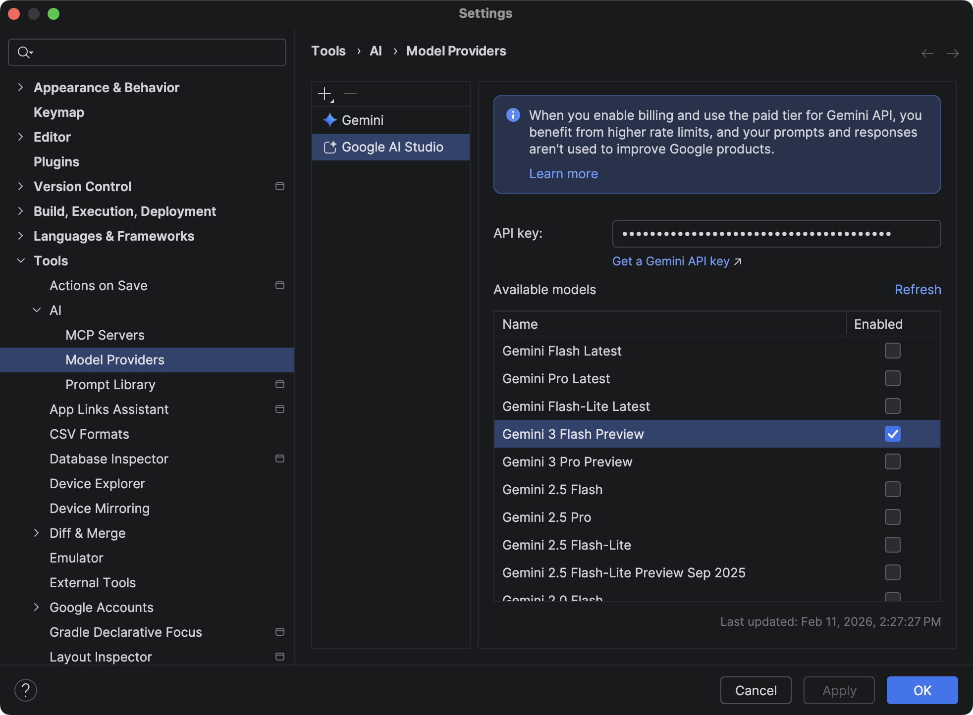 Aggiunta di una chiave API di Google AI Studio nelle impostazioni di Android Studio
            in Strumenti > AI > Fornitori di modelli.