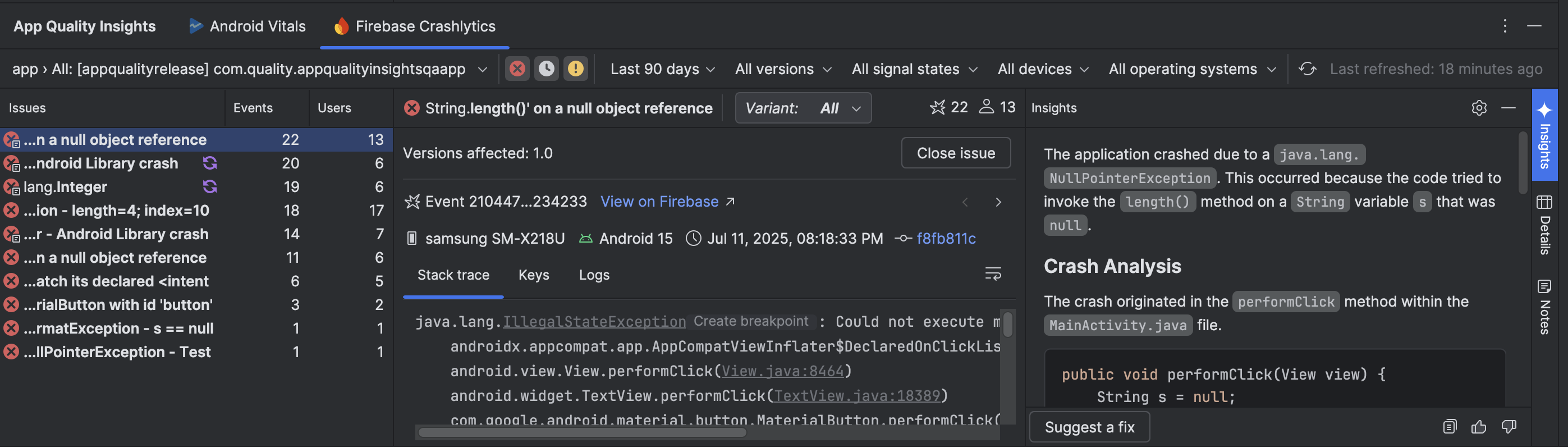App Quality Insights 工具窗口中的 Gemini 分析洞见