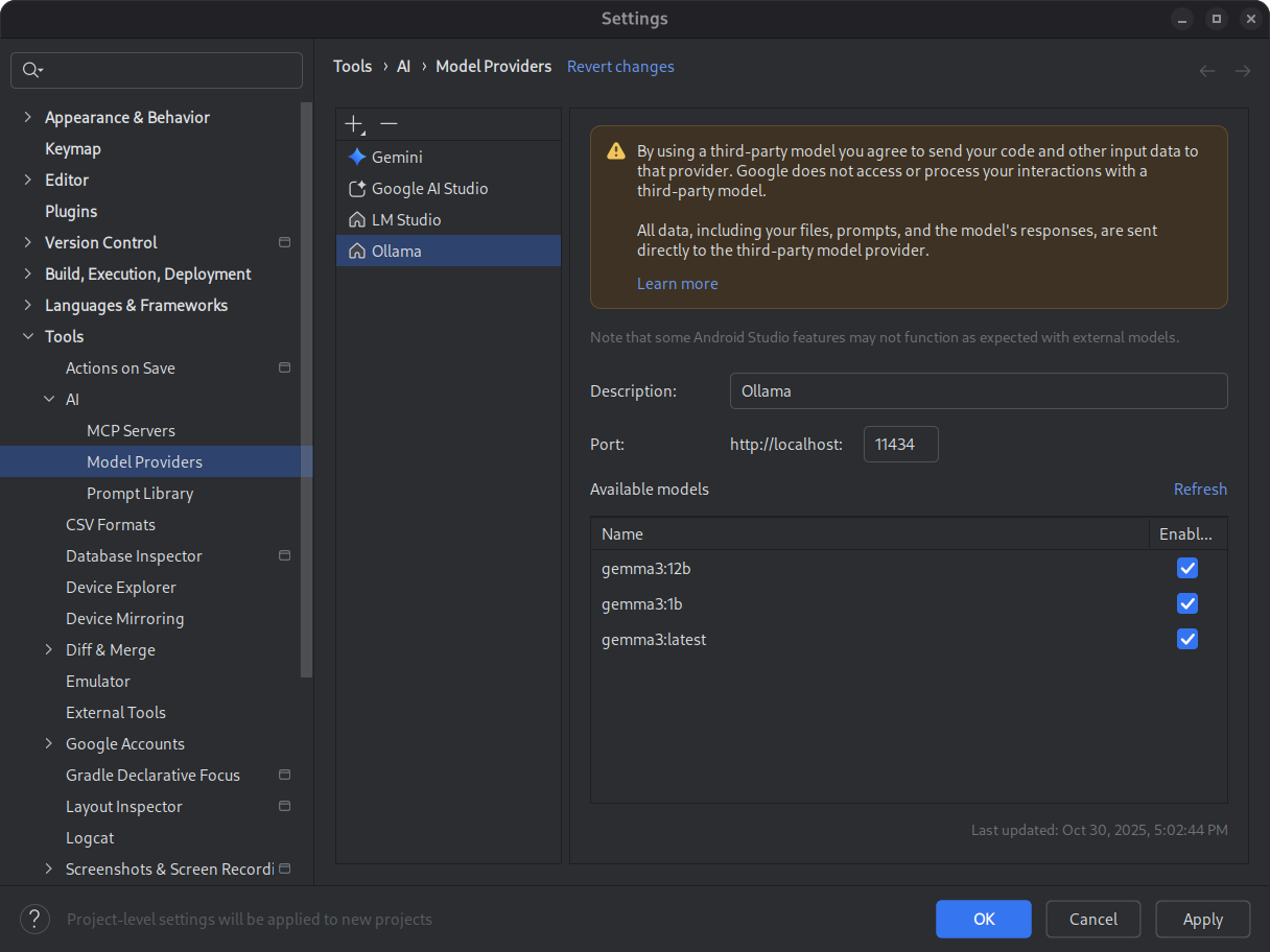 Boîte de dialogue des paramètres d&#39;Android Studio affichant la liste des modèles locaux disponibles.