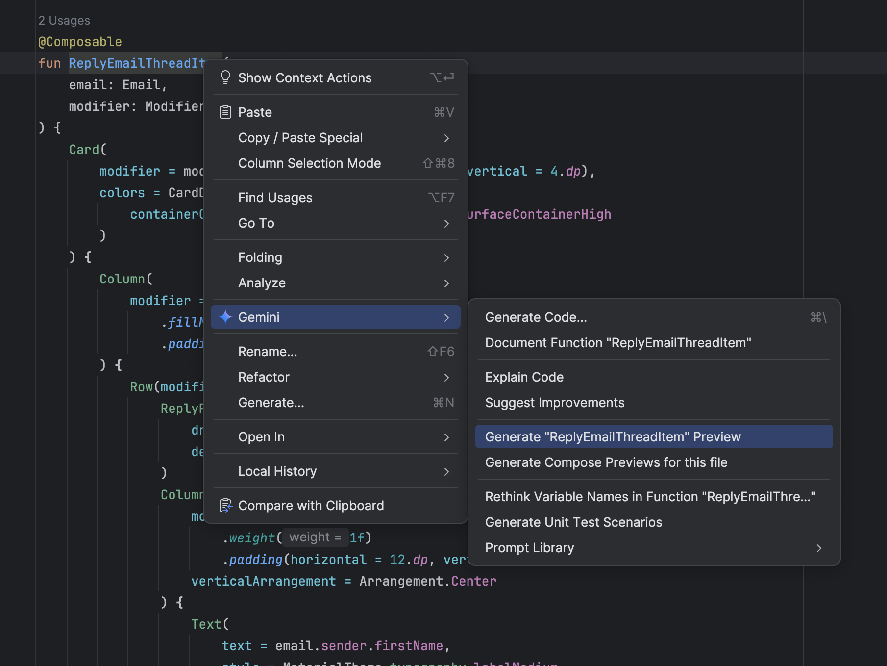 Génération d&#39;aperçu Compose avec Gemini