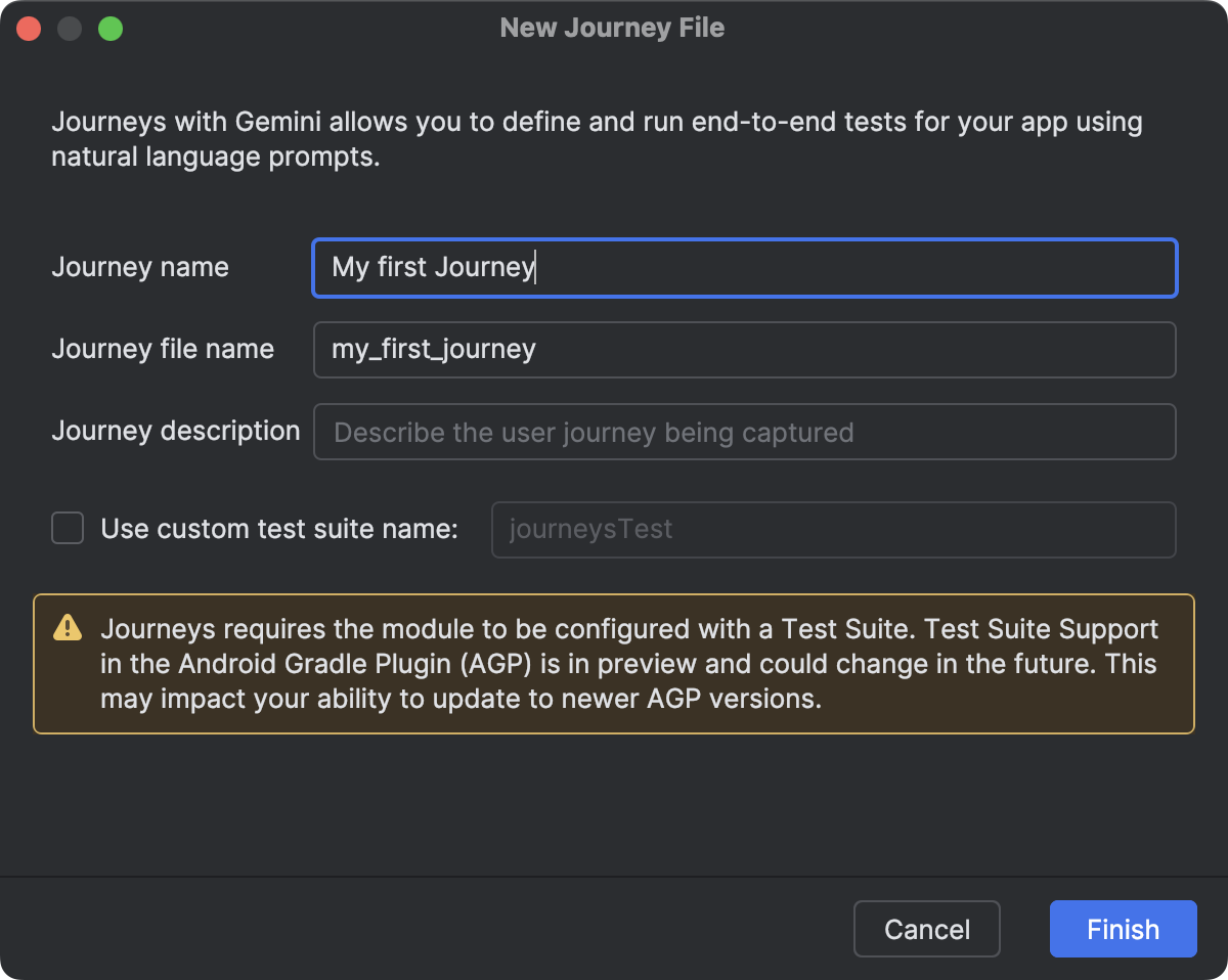 Dialog di Android Studio yang Anda gunakan untuk membuat file perjalanan.