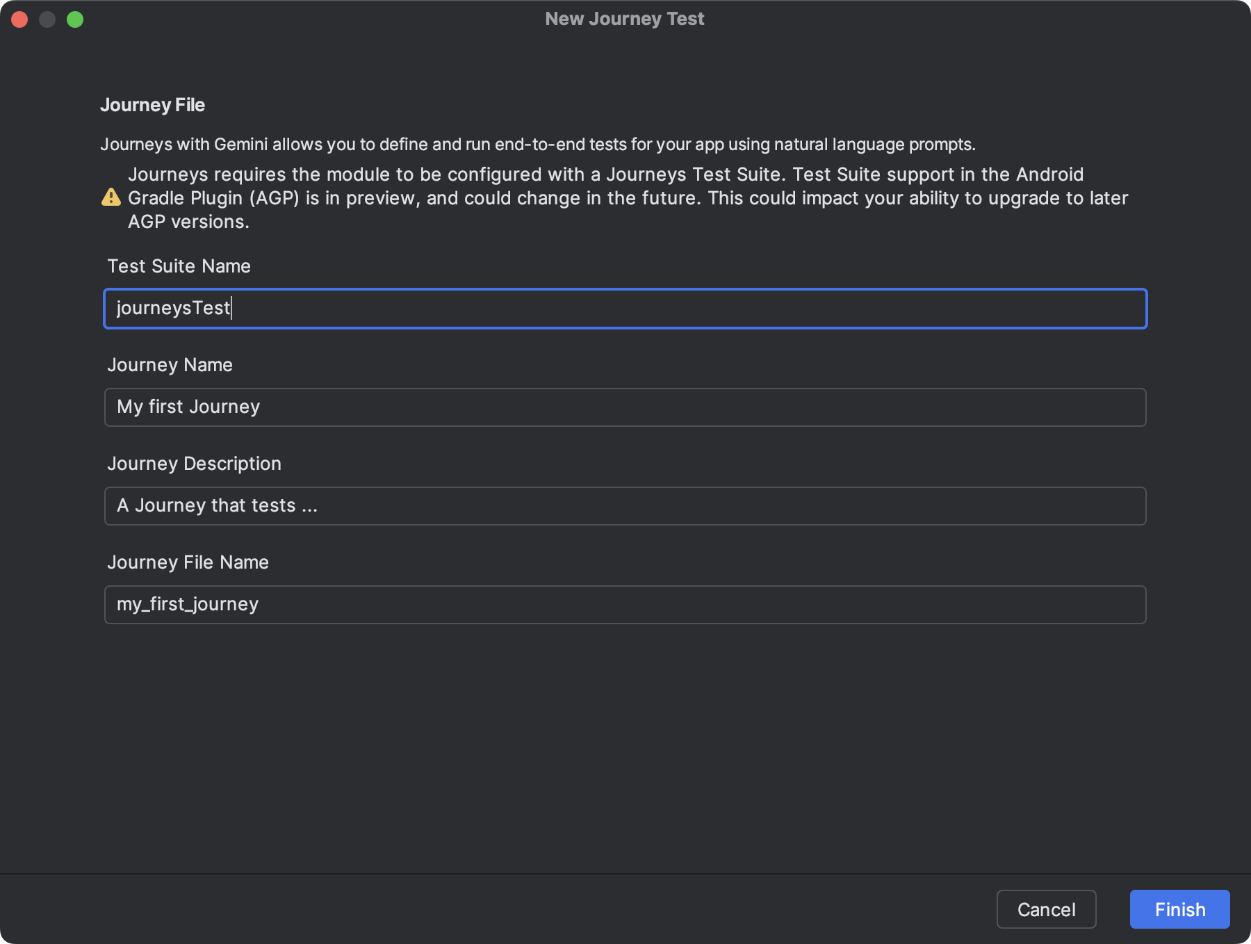 Android Studio 中用于创建历程文件的对话框。