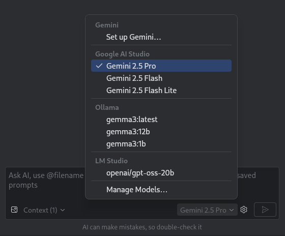 Android Studio में Gemini की चैट विंडो में, मॉडल चुनने वाला टूल दिखाया गया है. इसमें Gemini और लोकल मॉडल के विकल्प मौजूद हैं.