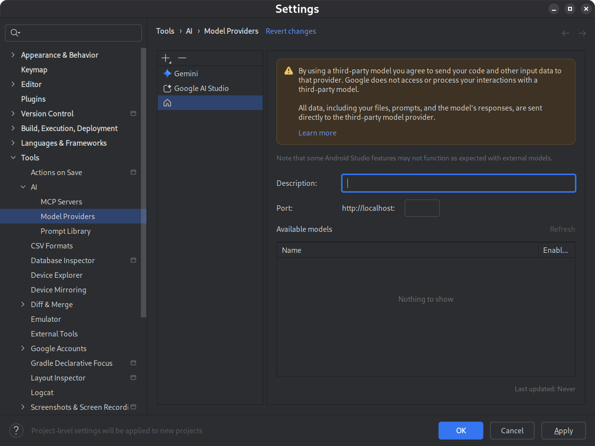 Boîte de dialogue des paramètres d&#39;Android Studio affichant la section Gemini avec une option permettant d&#39;activer le mode hors connexion.