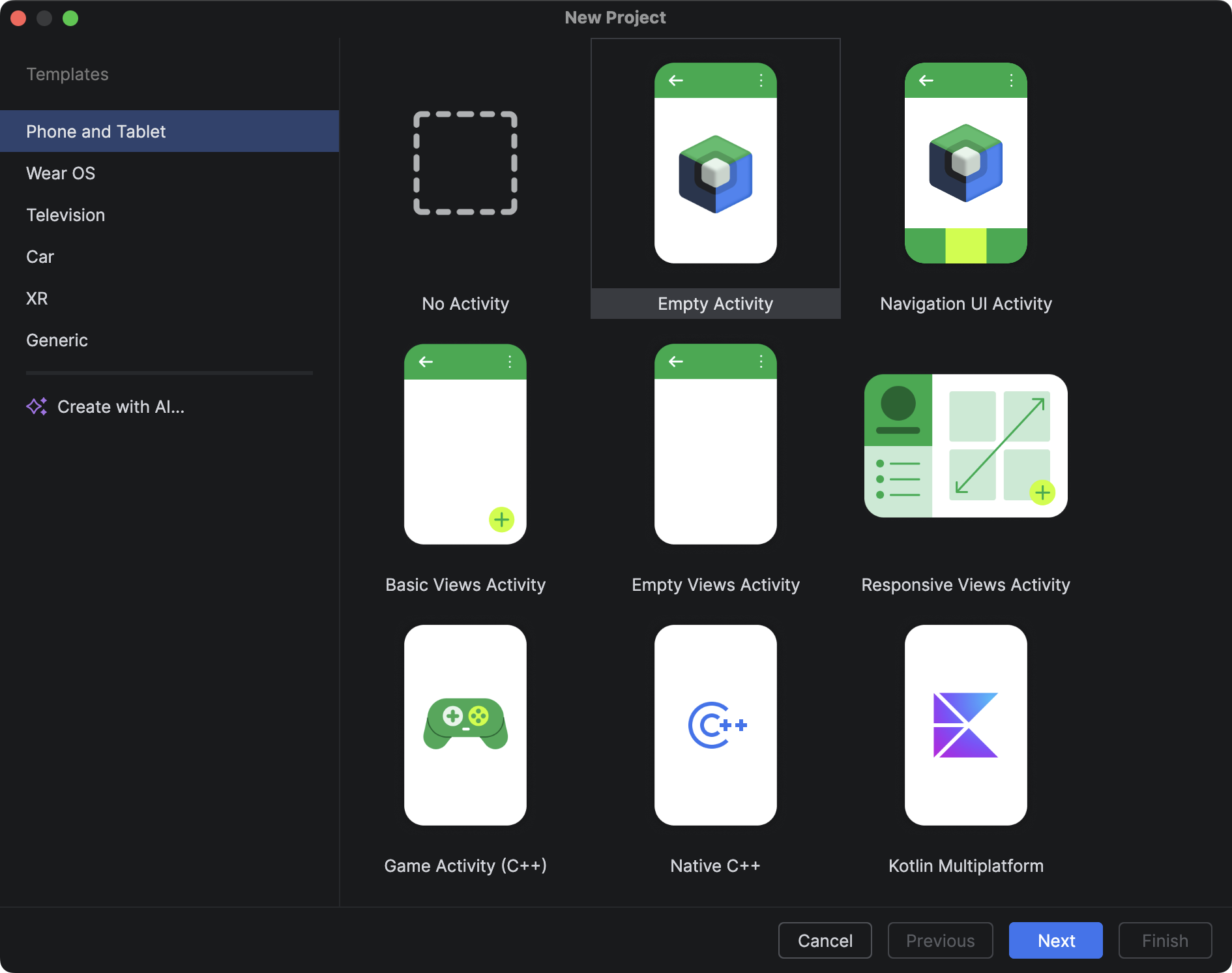 Das Dialogfeld „Neues Projekt“ mit Karten für verschiedene Arten von App-Vorlagen, z. B. „Empty Activity“, „Navigation UI Activity“ usw. Das Dialogfeld enthält auch das Steuerelement „Mit KI erstellen“, mit dem Gemini in Android Studio aktiviert wird, um ein neues Projekt für Sie einzurichten.