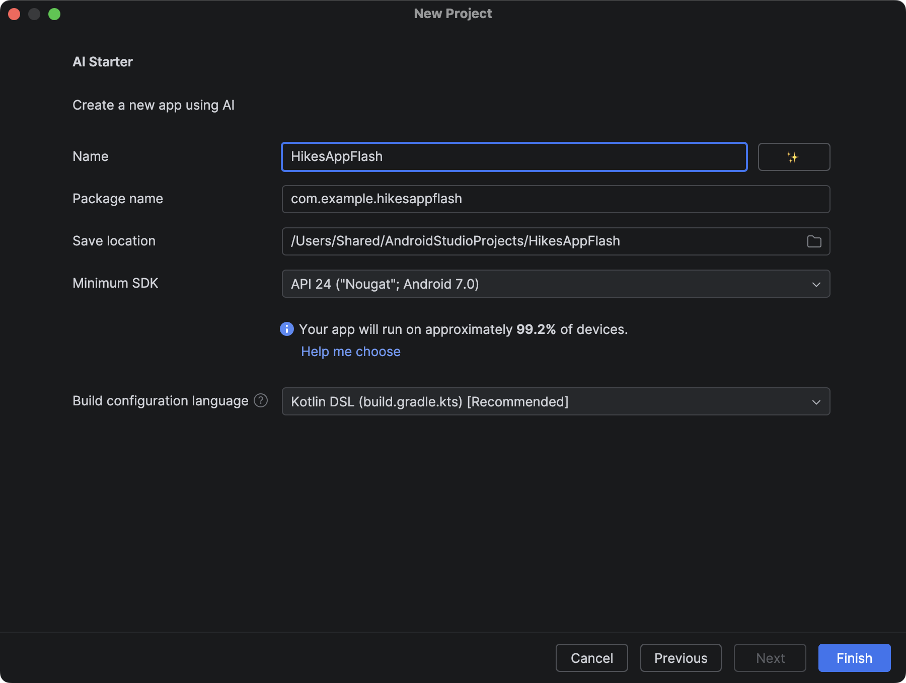 Nommez votre projet d'application.