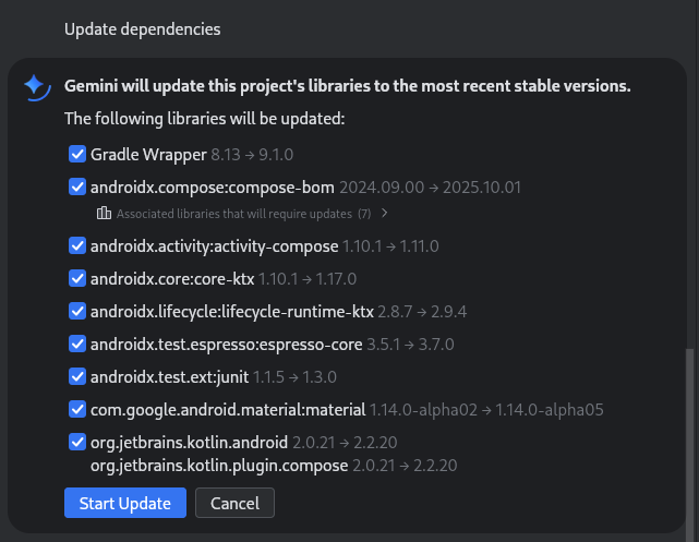 Android Studio में Gemini की सुझाई गई अपडेट की जाने वाली लाइब्रेरी की चेकलिस्ट. अपडेट से आइटम हटाने के लिए, उनके बगल में मौजूद बॉक्स से सही का निशान हटाएं.