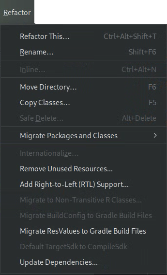 El menú Refactor, en el que se muestra el elemento de menú Update Dependencies.