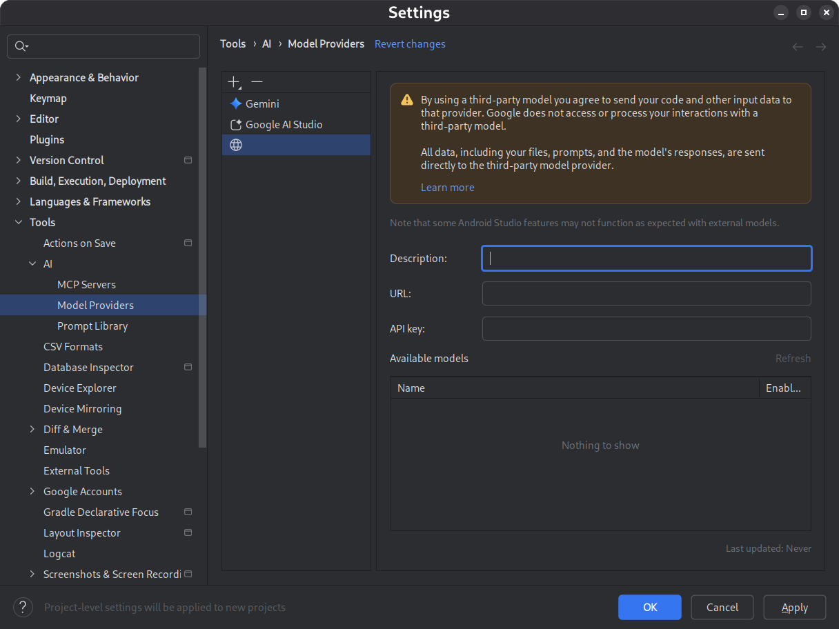 Settings dialog containing a form for entry of remote model
     provider information.