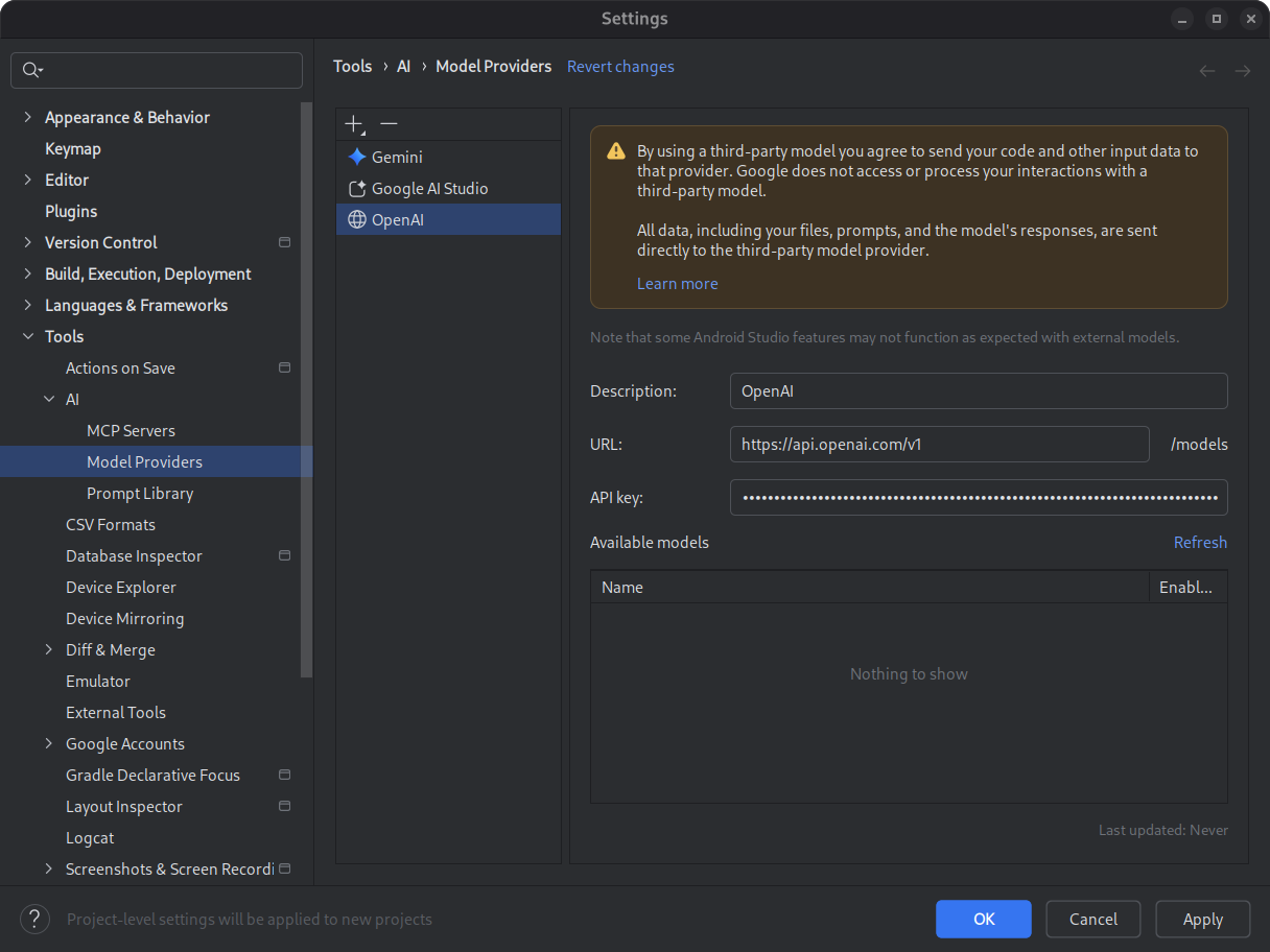 রিমোট মডেল প্রোভাইডার তথ্য প্রবেশের জন্য একটি ফর্ম সম্বলিত সেটিংস ডায়ালগ।