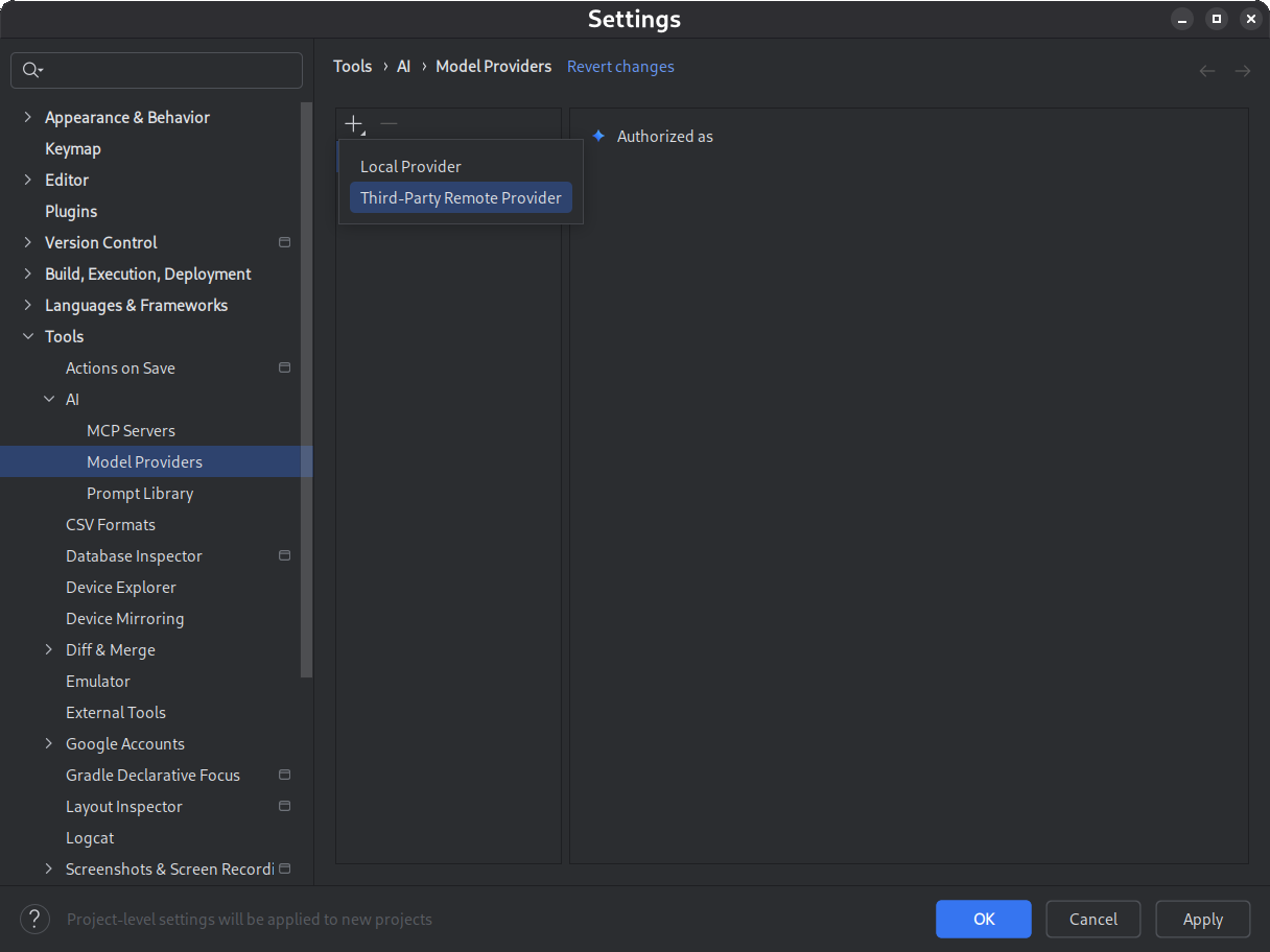 [Local Provider] と [Third-Party Remote Provider] オプションが選択可能な [Settings] ダイアログ。