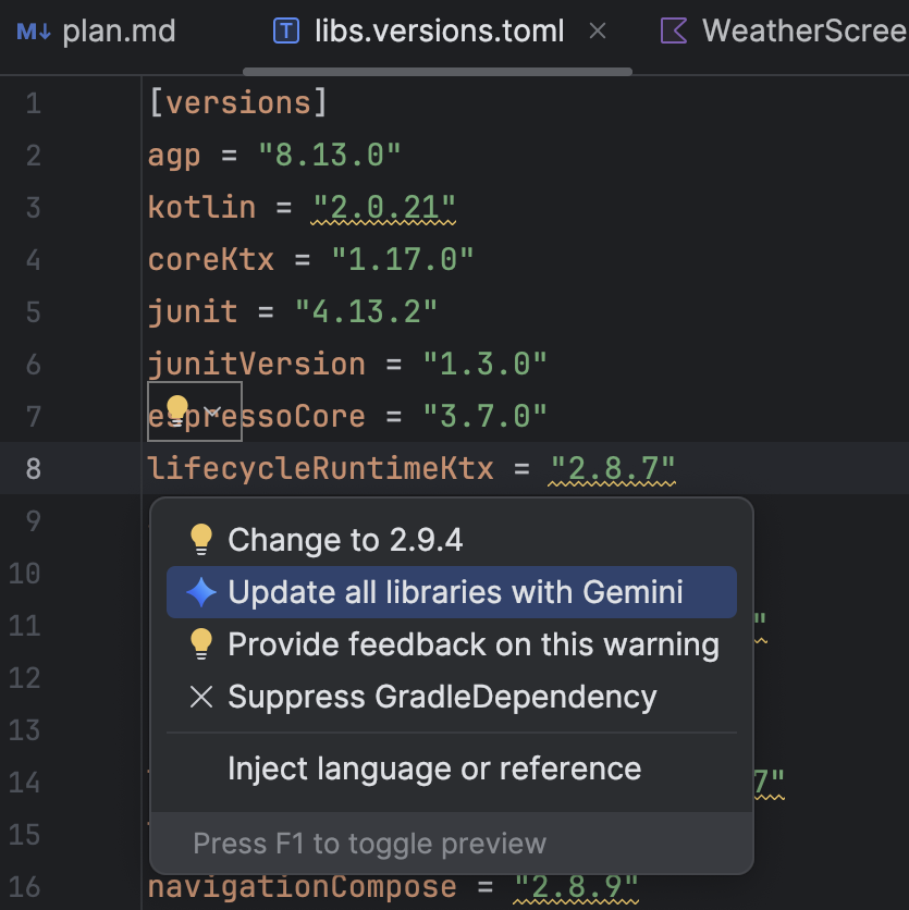 Actualiza las bibliotecas desde el catálogo de versiones.
