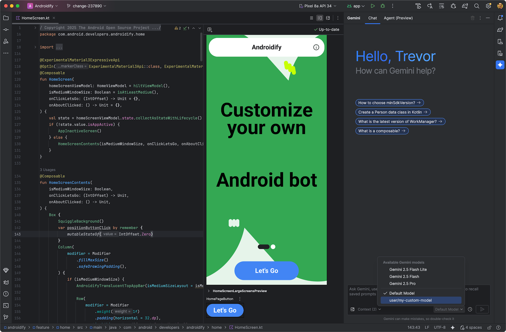Gemini ve yerel bir LLM seçeneklerinin bulunduğu model seçiciyi gösteren Android Studio Gemini sohbet penceresi.