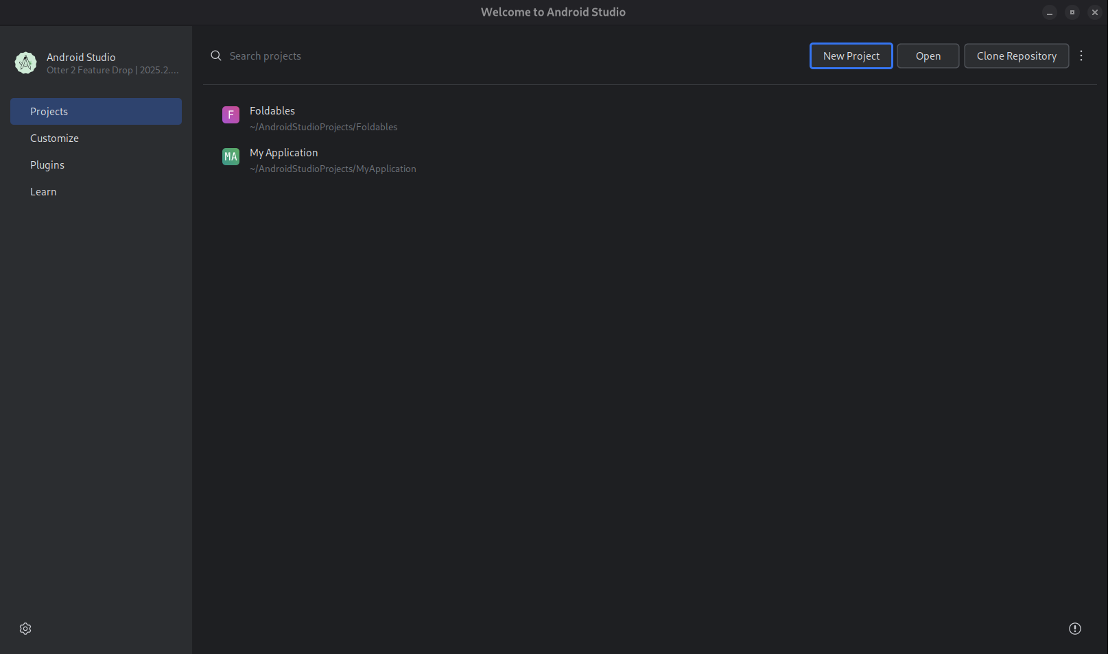 The Welcome to Android Studion screen, which has the New Project, Open, and Clone Repository buttons.