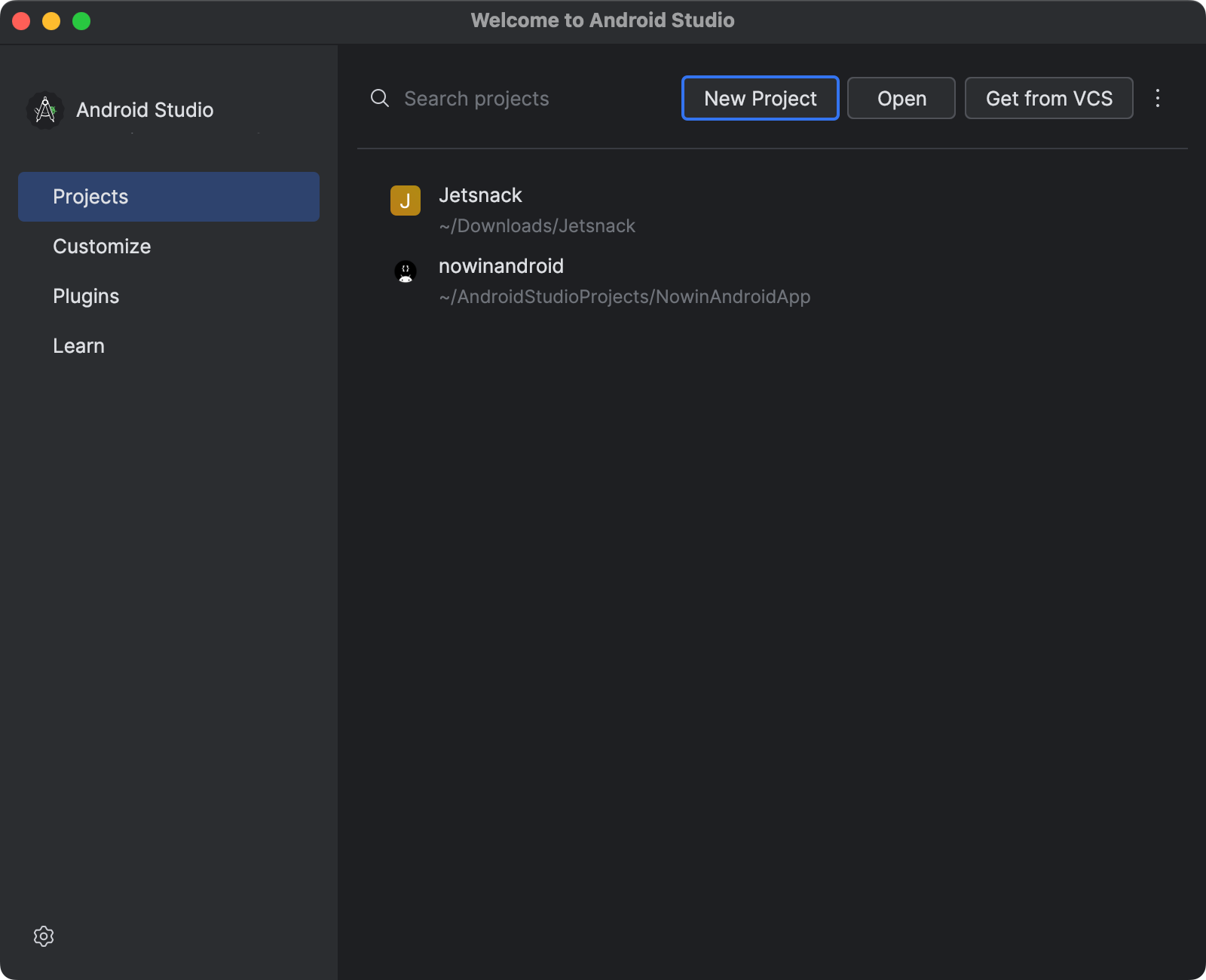 A tela "Welcome to Android Studio", que tem os botões "New Project", "Open" e "Clone Repository".