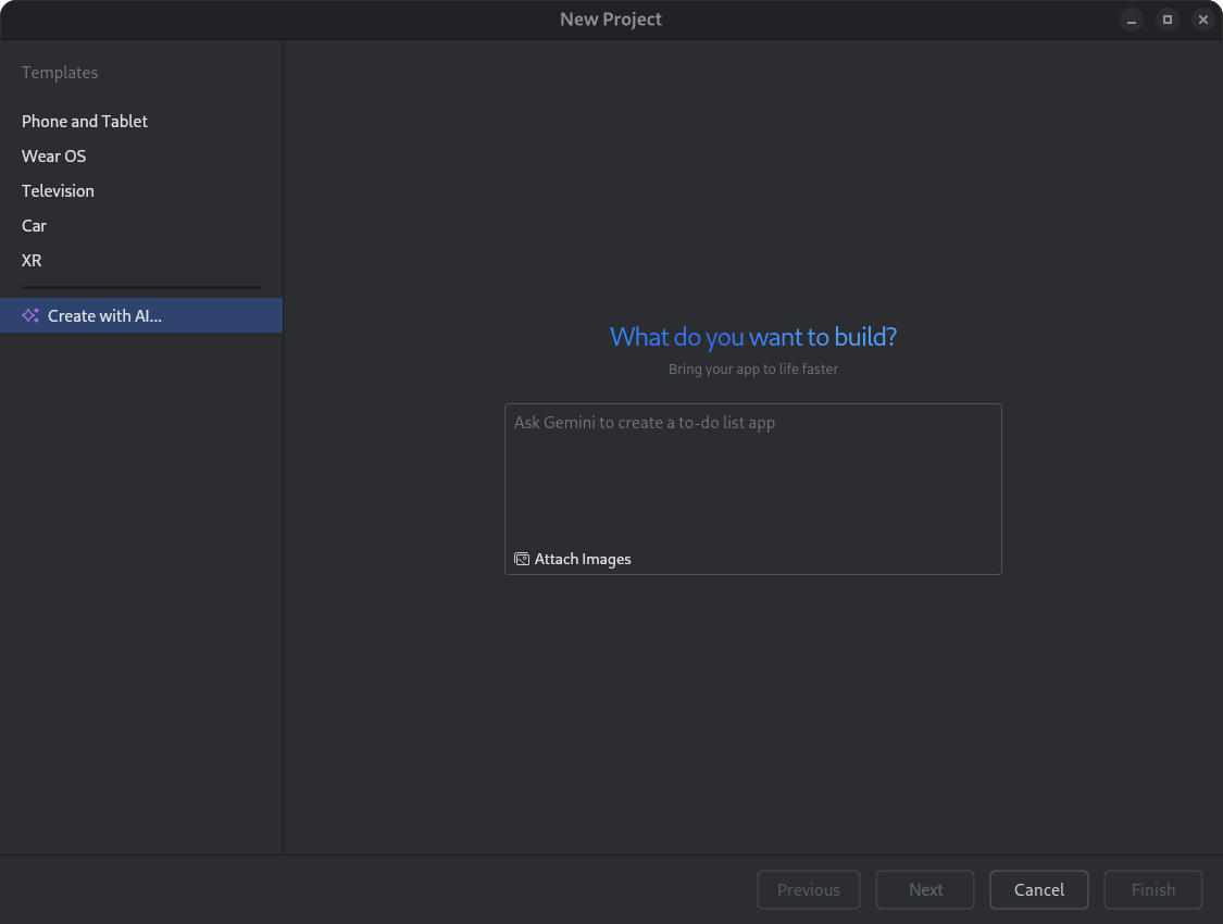 “使用 AI 创建”对话框，其中包含提示：“一款适用于手机和手表的健身追踪器，可追踪跑步和骑行活动。”该对话框包含用于选择各种类型应用的按钮，包括一个健身追踪器按钮。