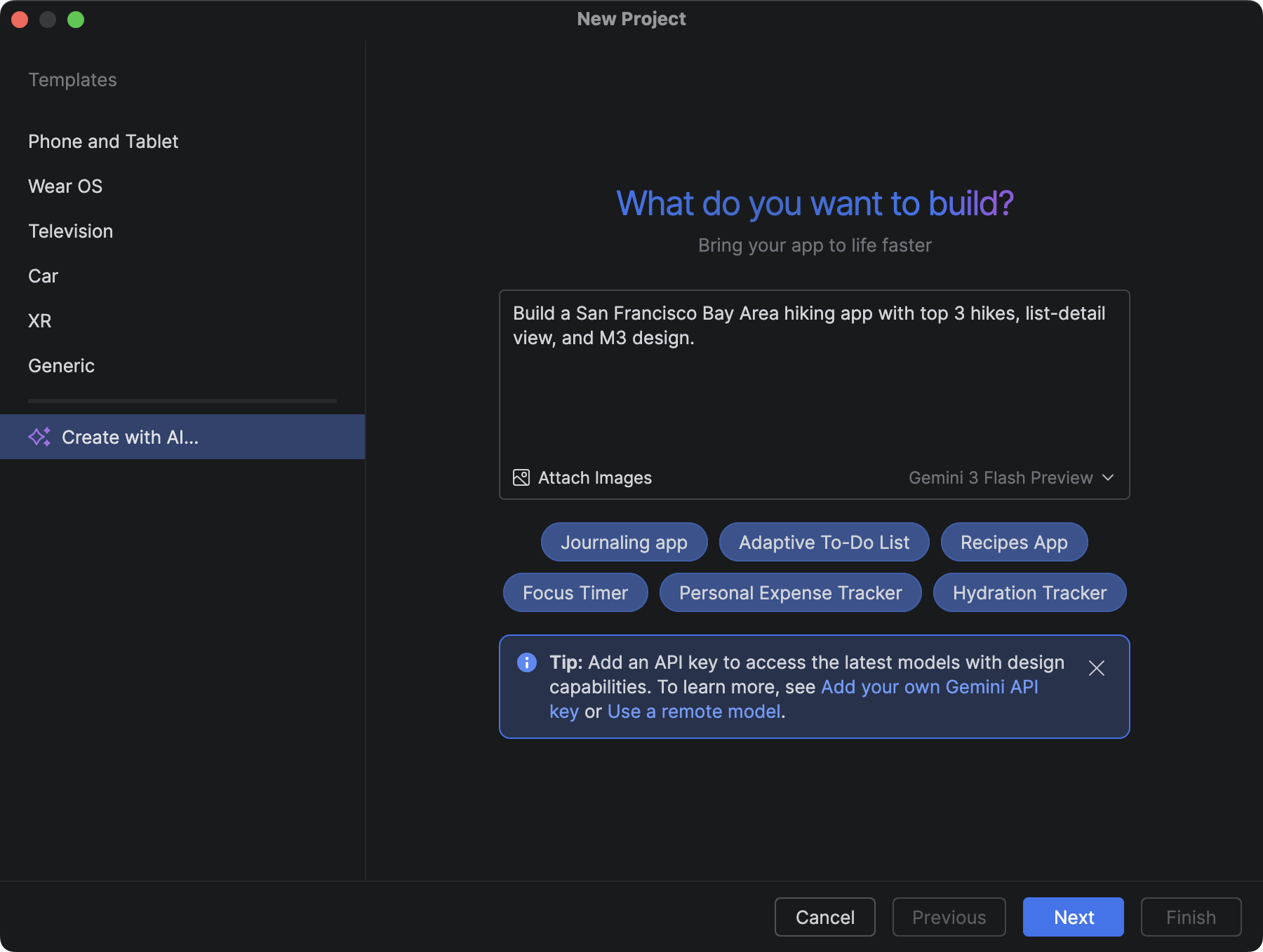 A caixa de diálogo "Criar com IA" com o comando: Um rastreador de fitness para smartphone e smartwatch, que acompanha corrida e ciclismo. A caixa de diálogo inclui botões para selecionar vários tipos de apps, incluindo um botão de rastreador de fitness.