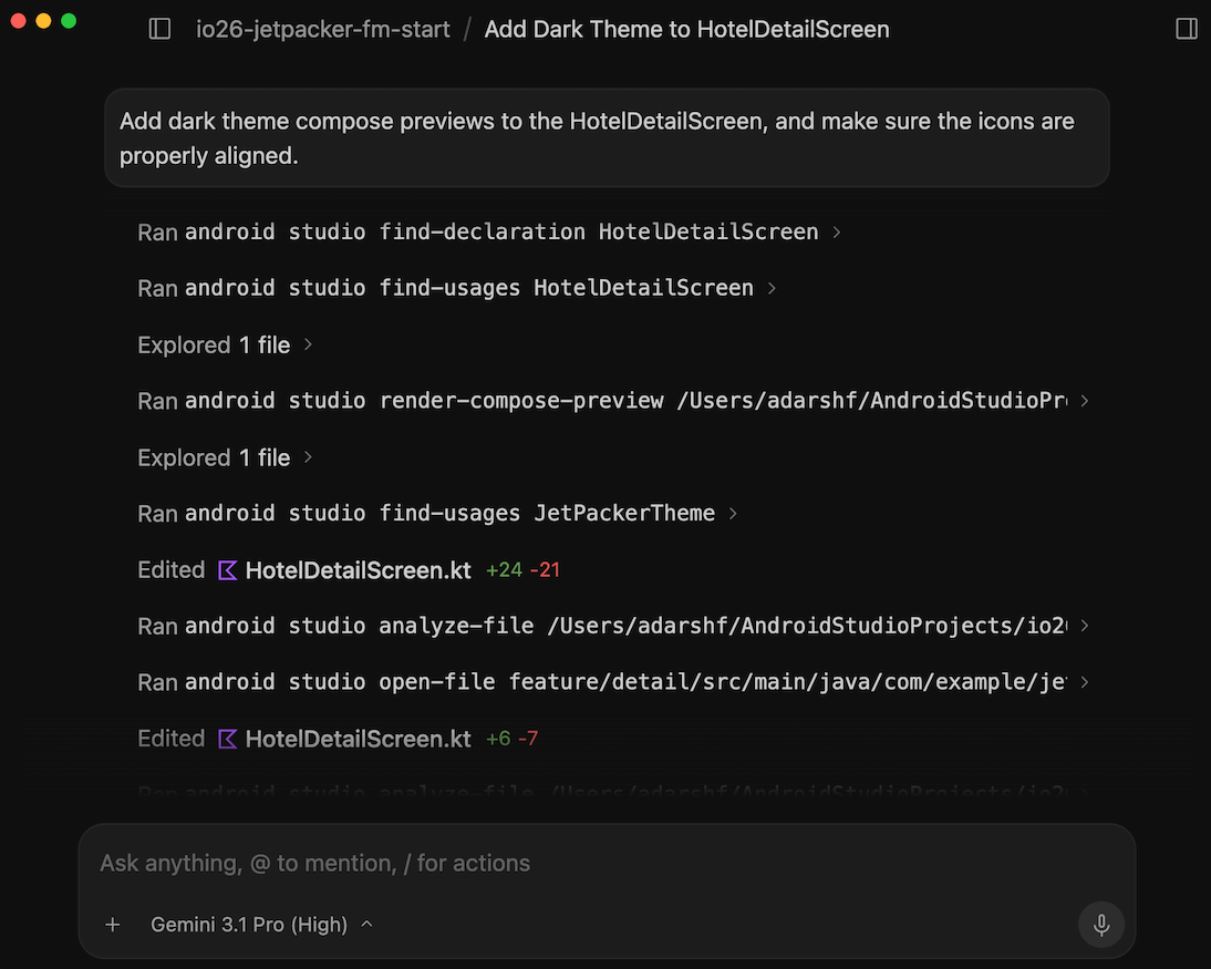 Diagrama de um agente usando a CLI do Android para interagir com o ambiente de desenvolvimento integrado do Android Studio.