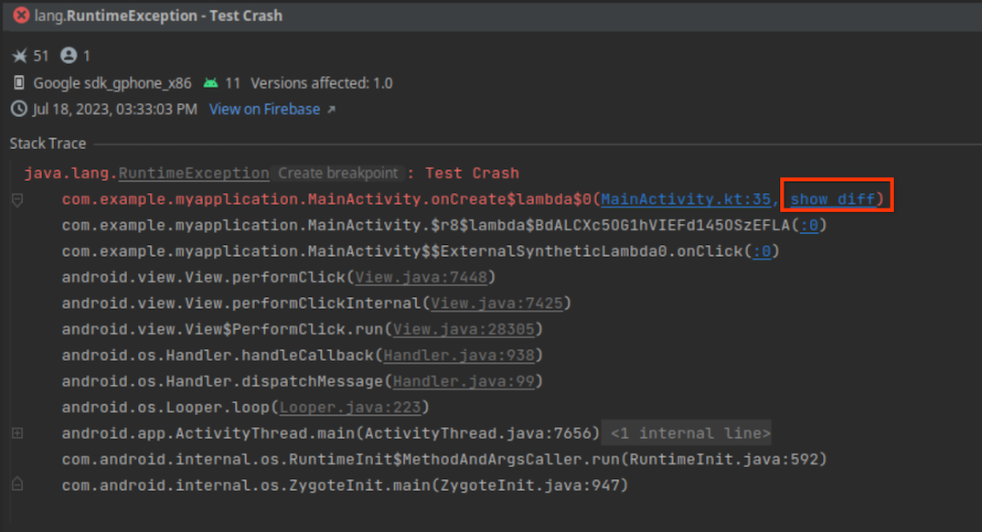 Opzione per mostrare la differenza nella traccia dello stack IQA.