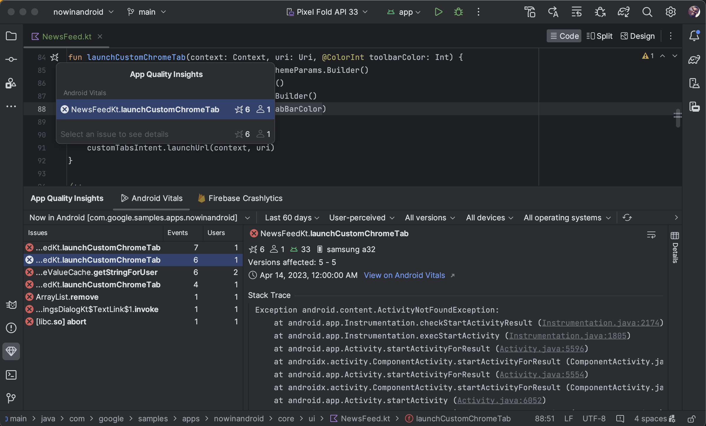 Datos de Android vitals en Android Studio.