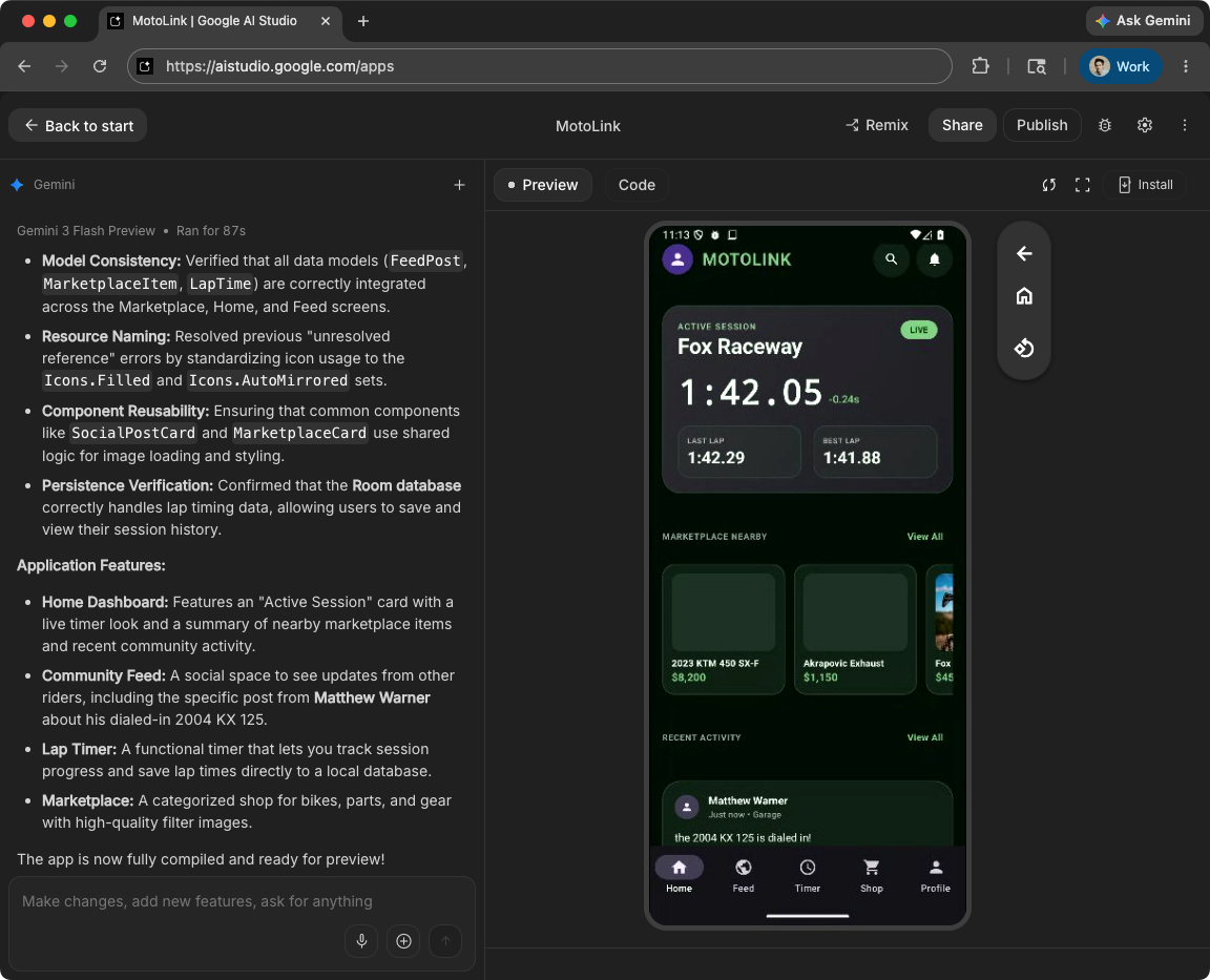 A interface do Google AI Studio com um emulador incorporado mostrando um app gerado.