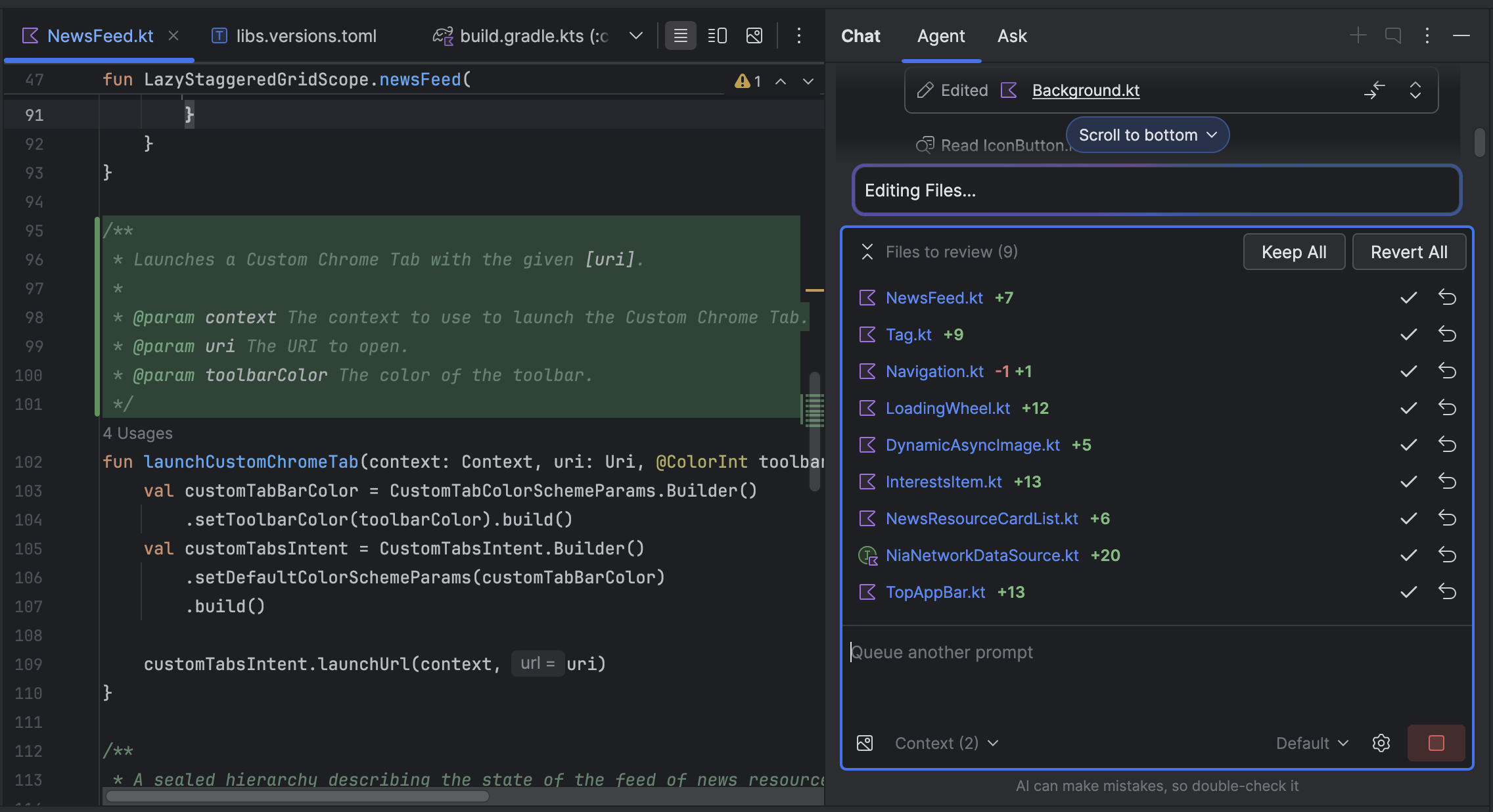 چندین فایل با ویرایش‌های پیشنهادی در کشوی تغییرات.