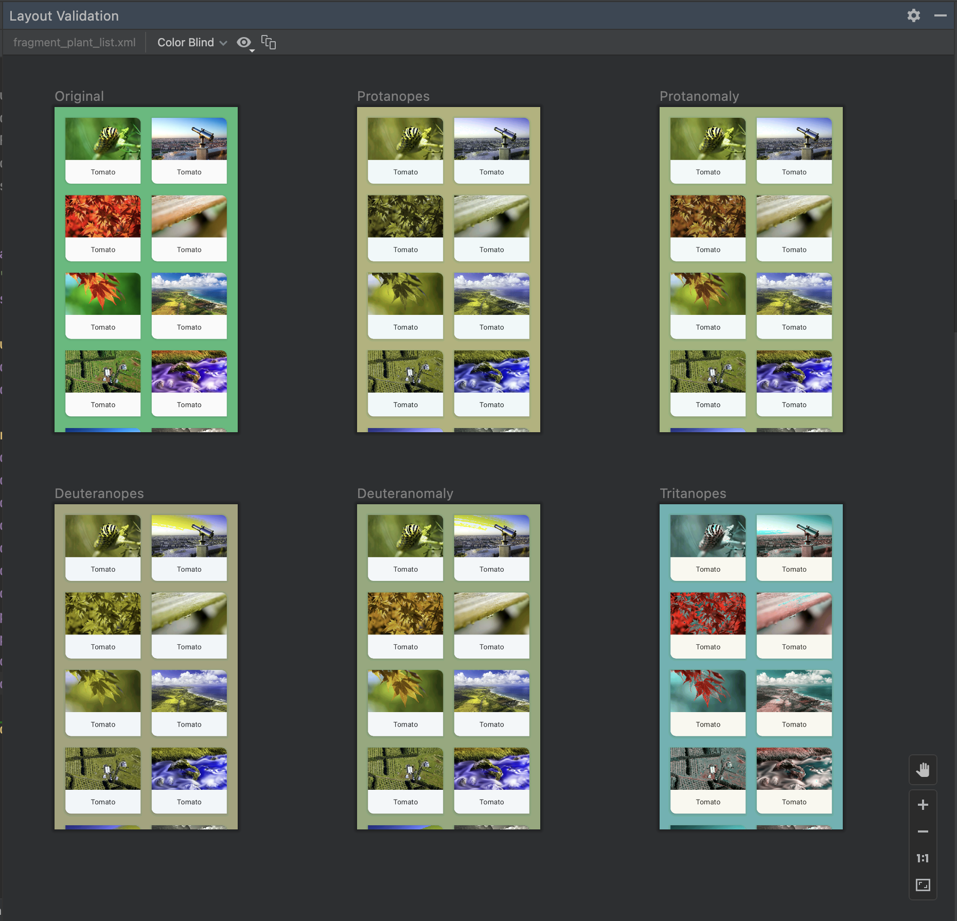 Capture d&#39;écran d&#39;aperçus de simulation pour différents types de daltonisme