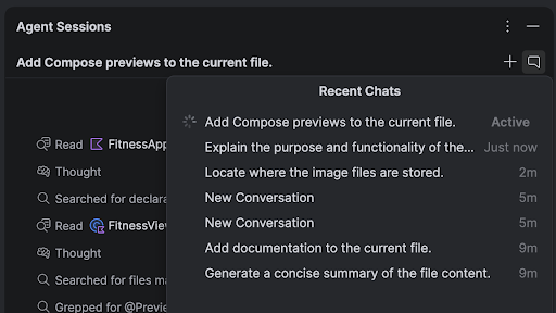 O Android Studio mostrando várias conversas ativas na janela de ferramentas.
