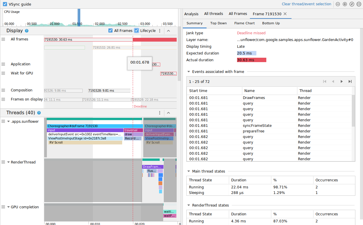 上と同じ Profiler 画面で [All Frames] と [Lifecycle] のチェックボックスをオンにした場合のスクリーンショット