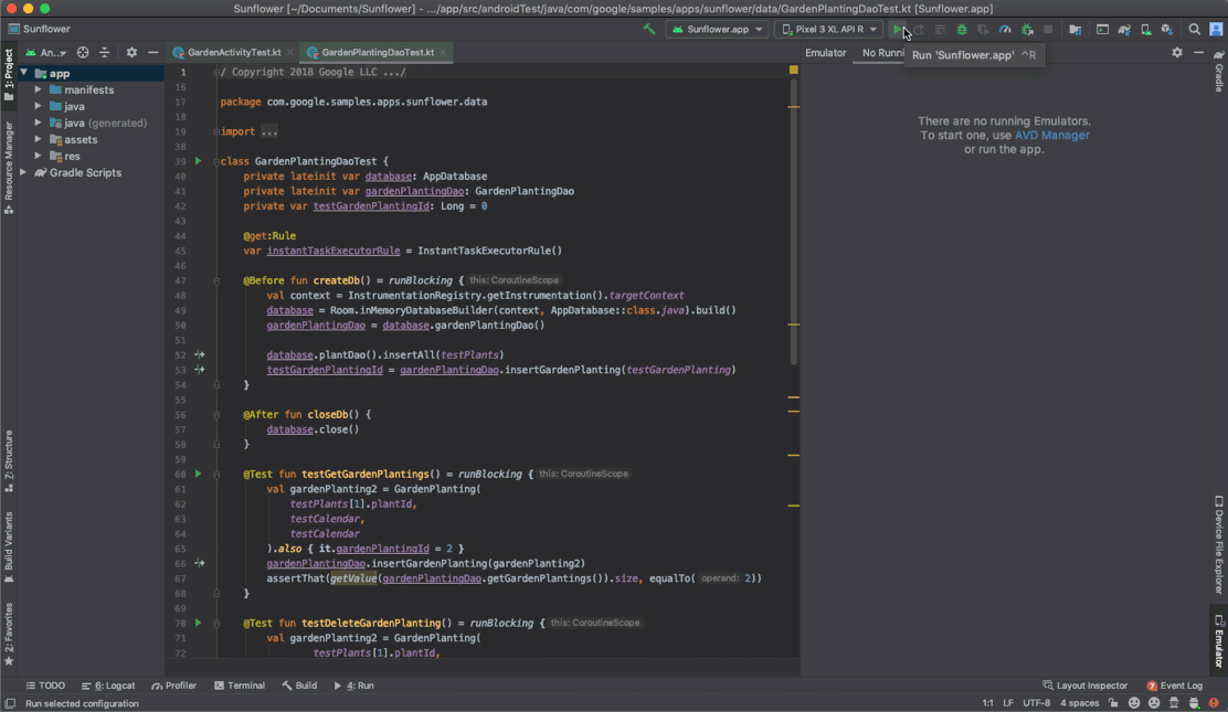 模擬器在 Android Studio 的工具視窗中啟動。