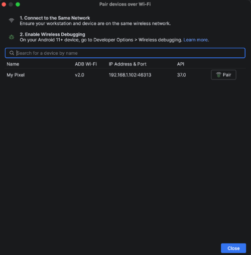 Pair devices over Wi-Fi popup window