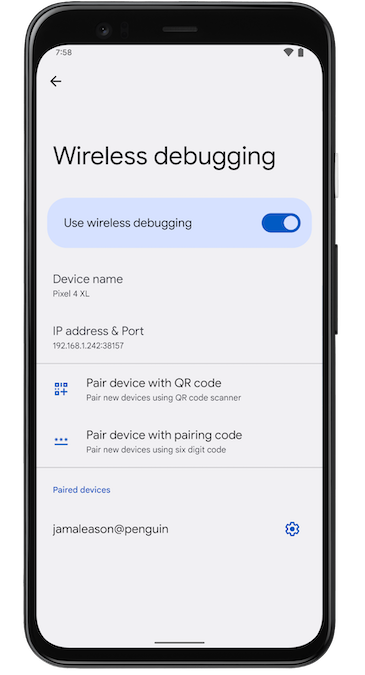 Screenshot di
            uno smartphone Pixel che mostra l&#39;impostazione Sistemi di debug wireless.