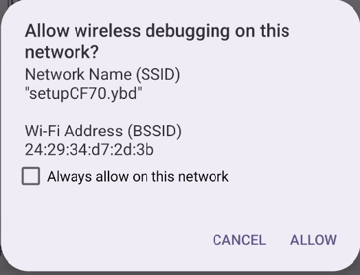 Captura de tela de um smartphone Pixel mostrando a solicitação de depuração por Wi-Fi.