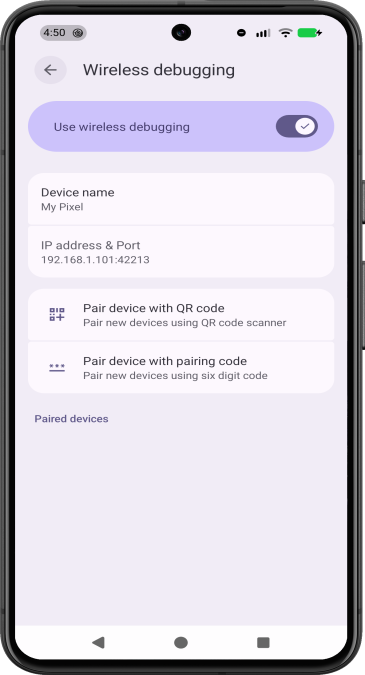 Captura de tela de
            um smartphone Google Pixel mostrando a configuração de sistemas de depuração por Wi-Fi.