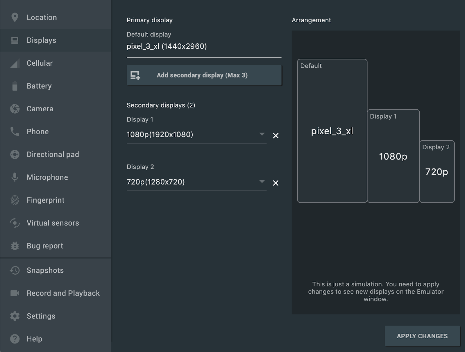 Add multiple displays Emulator Extended Controls Display tab.