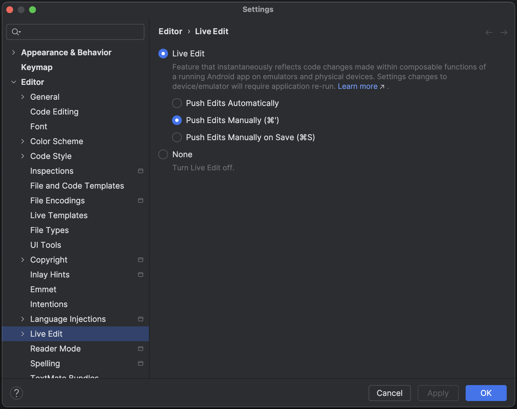 UI de la case à cocher &quot;Live Edit&quot; (Modification en temps réel) dans les paramètres d&#39;Android Studio